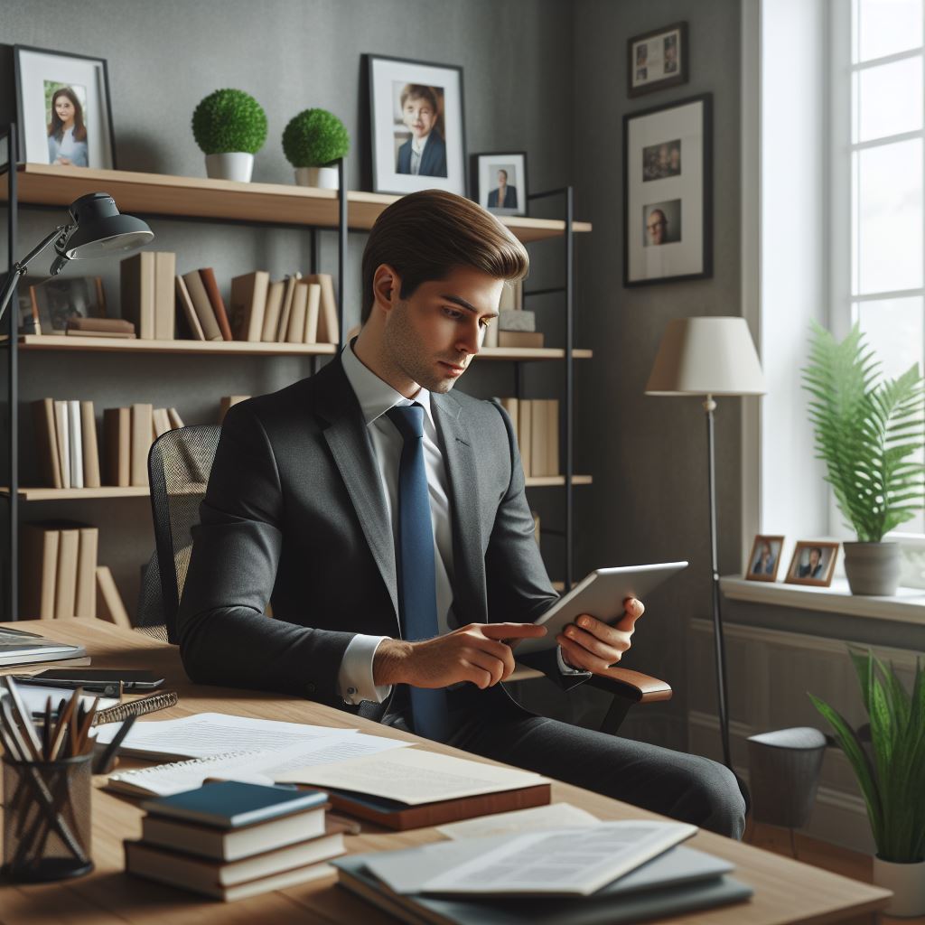 Man sitting in office with tablet