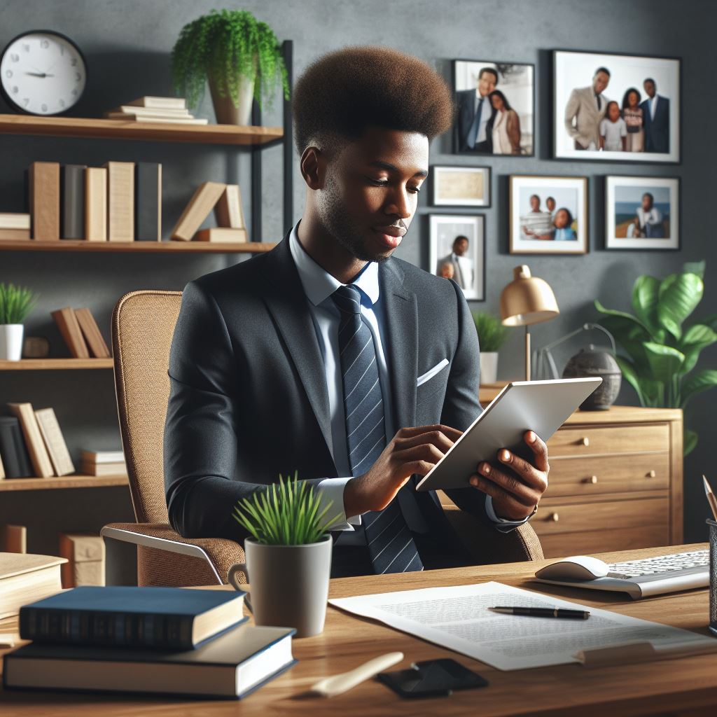 Man sitting in office with tablet