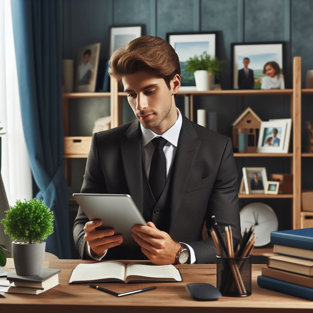 Man sitting in office with tablet