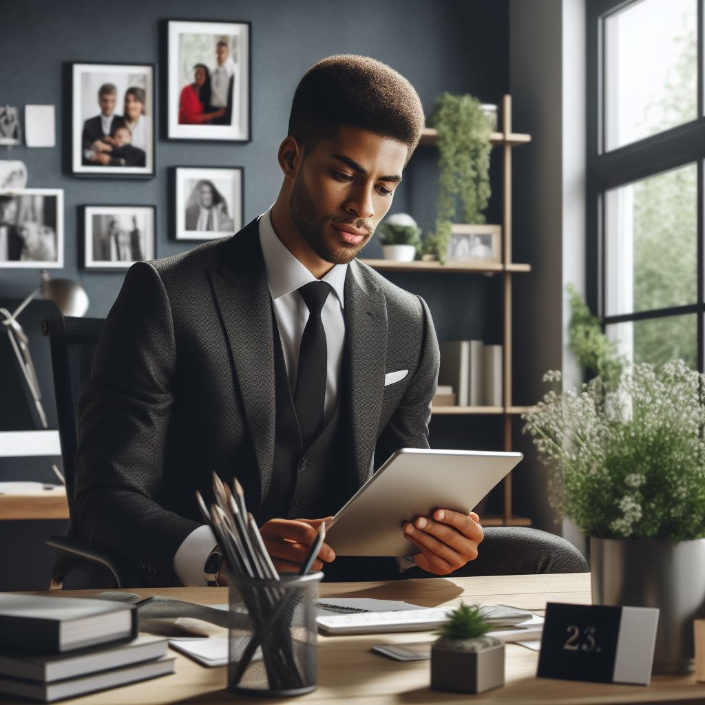 Man sitting in office with tablet